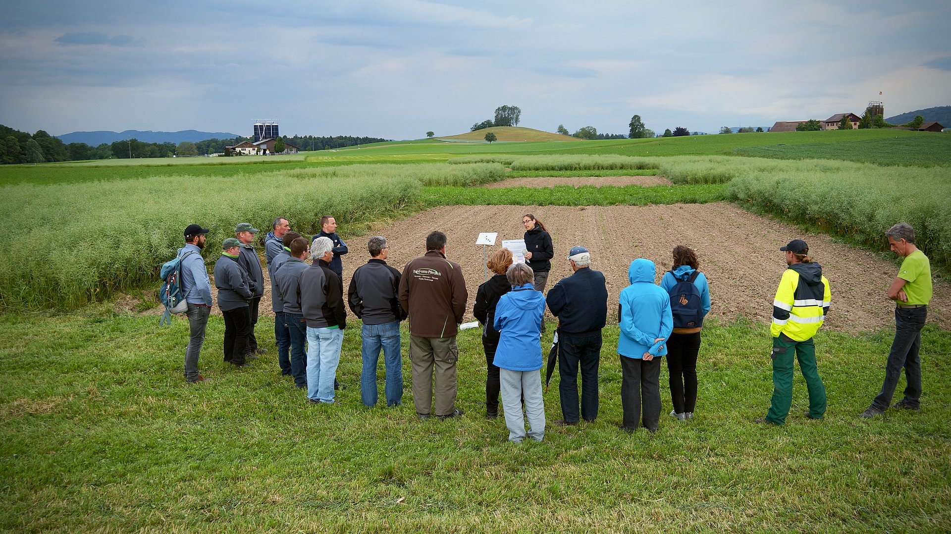 Gruppe steht vor Feld. Foto: Thomas Alföldi, FiBL